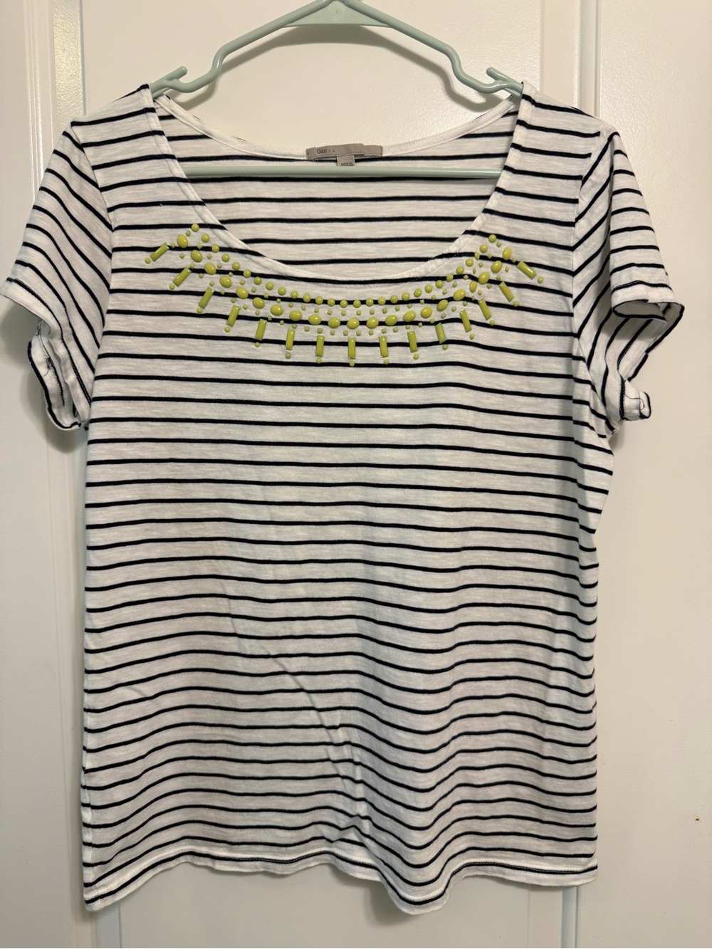 GAP White and Black Striped Short Sleeve Tee with Neon Yellow Bead Detail